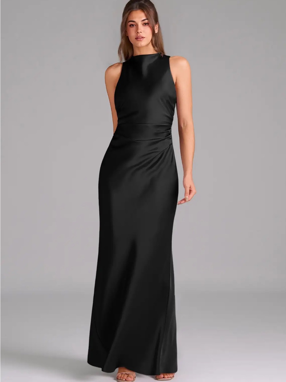 Azazie Evadne Black Satin High-Neck Maxi Dress